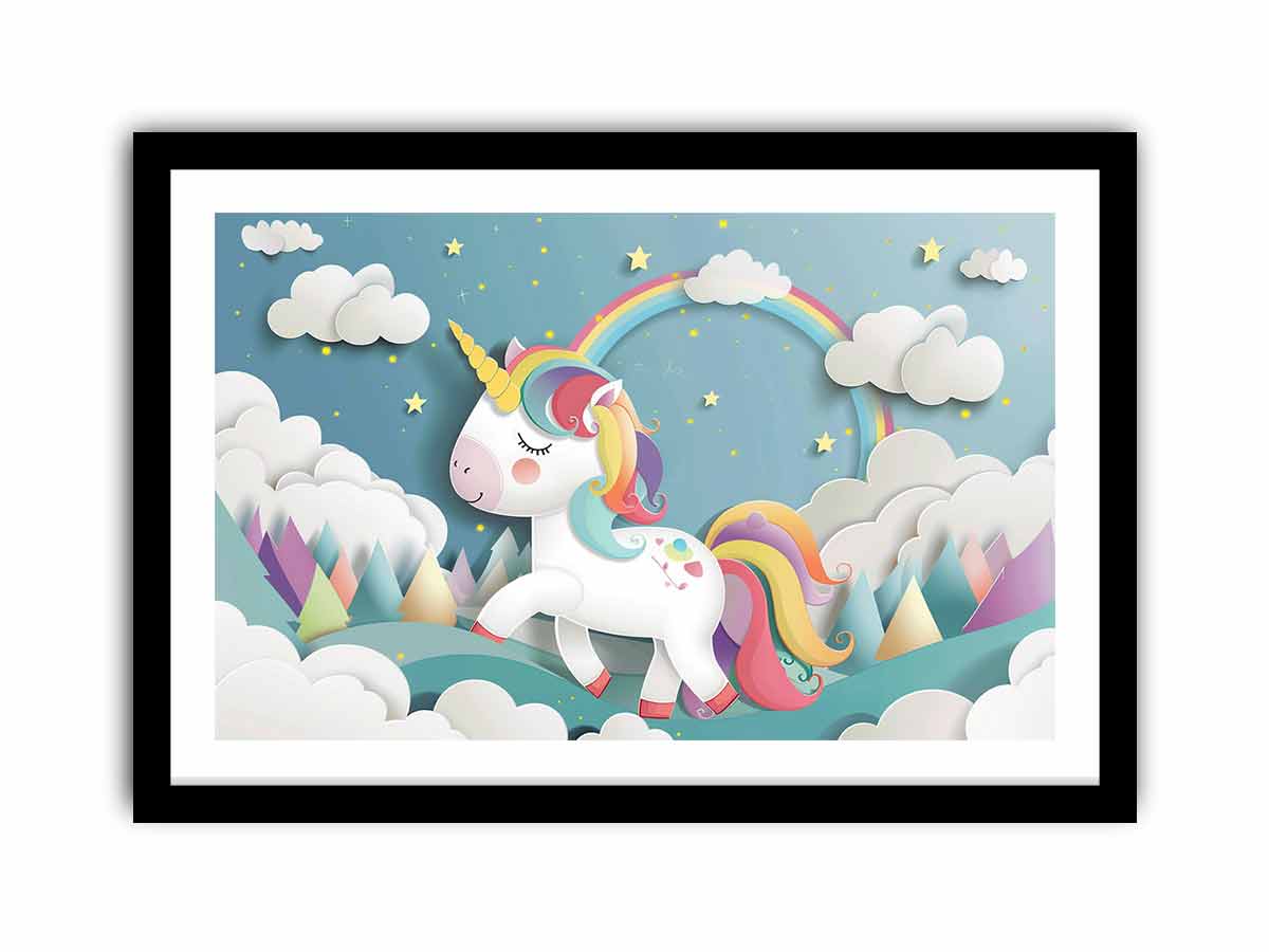 Rainbow unicorn canvas print with clouds and stars for kids bedroom decor.