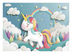 Rainbow unicorn canvas print with clouds and stars for kids bedroom decor.