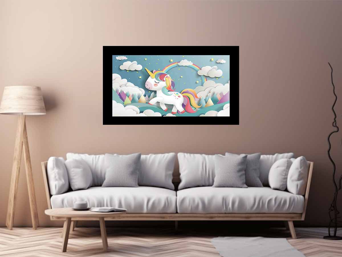 Rainbow unicorn canvas print with clouds and stars for kids bedroom decor.