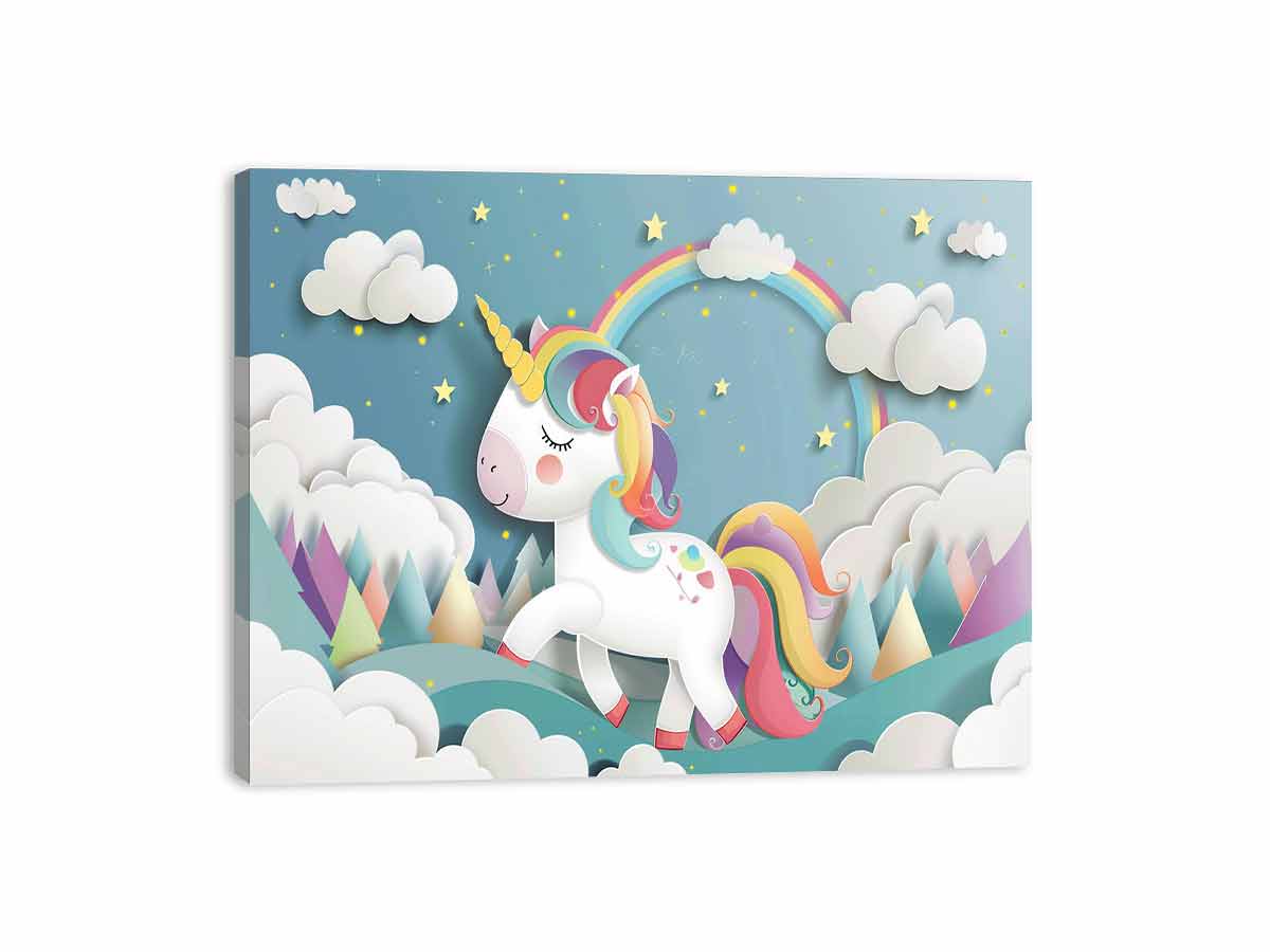 Rainbow unicorn canvas print with clouds and stars for kids bedroom decor.
