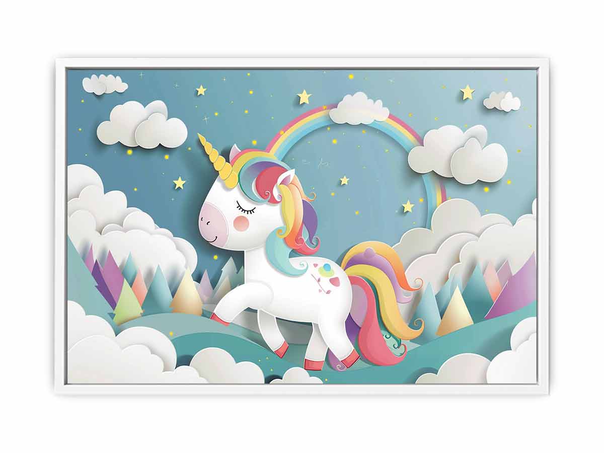 Rainbow unicorn canvas print with clouds and stars for kids bedroom decor.