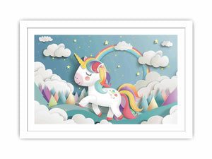 Rainbow unicorn canvas print with clouds and stars for kids bedroom decor.