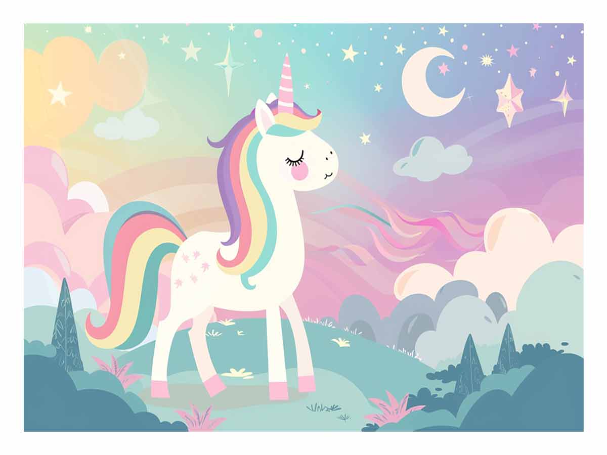 Pastel unicorn dreamscape canvas art for girls bedroom or nursery decor.