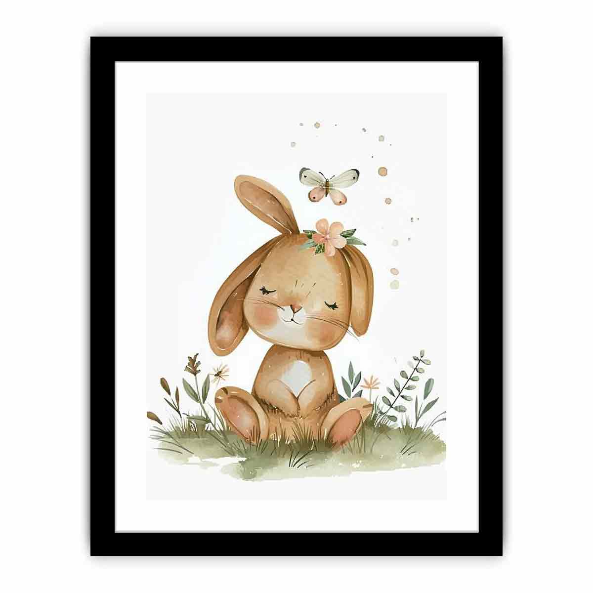 Sleepy meadow bunny watercolor canvas art for cozy nursery wall decor.