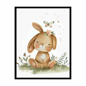 Sleepy meadow bunny watercolor canvas art for cozy nursery wall decor.