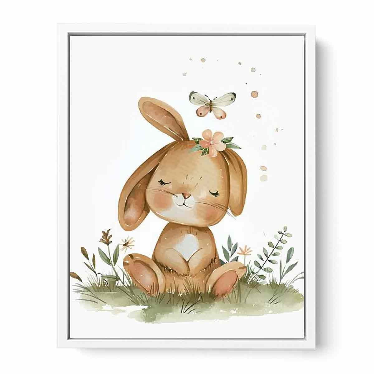 Sleepy meadow bunny watercolor canvas art for cozy nursery wall decor.