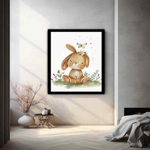Sleepy meadow bunny watercolor canvas art for cozy nursery wall decor.
