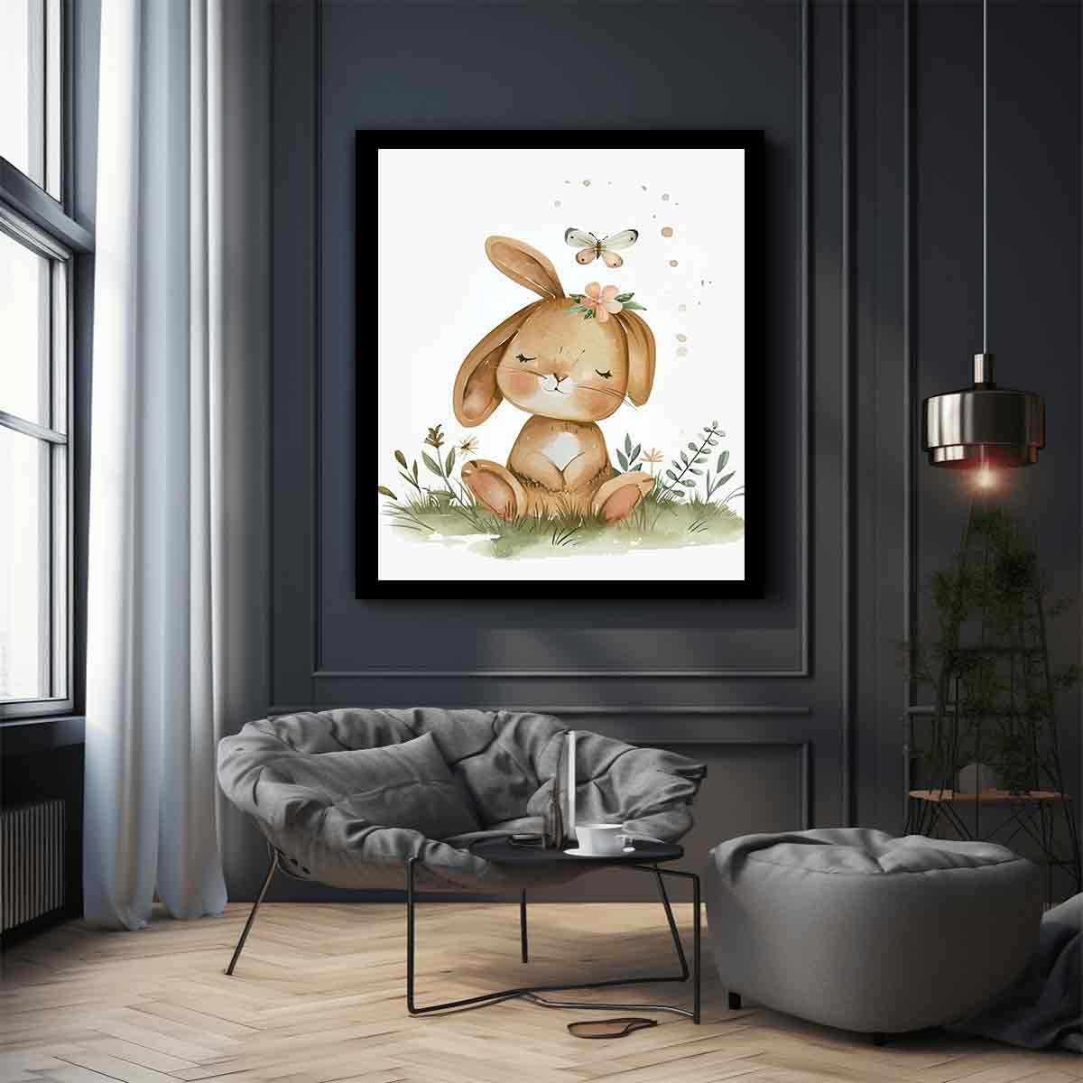 Sleepy meadow bunny watercolor canvas art for cozy nursery wall decor.