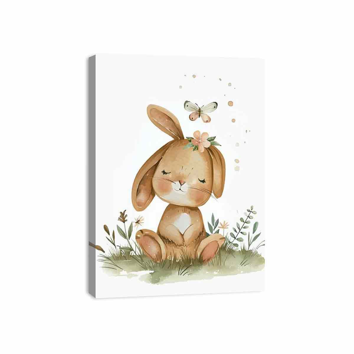 Sleepy meadow bunny watercolor canvas art for cozy nursery wall decor.