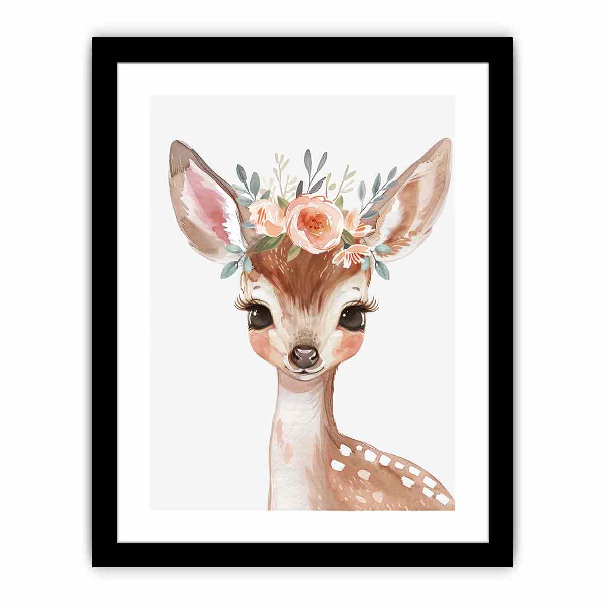 Floral baby deer watercolor canvas art for nursery or girls bedroom decor.