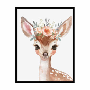 Floral baby deer watercolor canvas art for nursery or girls bedroom decor.