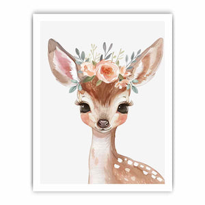 Floral baby deer watercolor canvas art for nursery or girls bedroom decor.