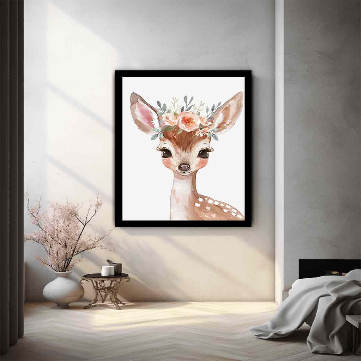 Floral baby deer watercolor canvas art for nursery or girls bedroom decor.
