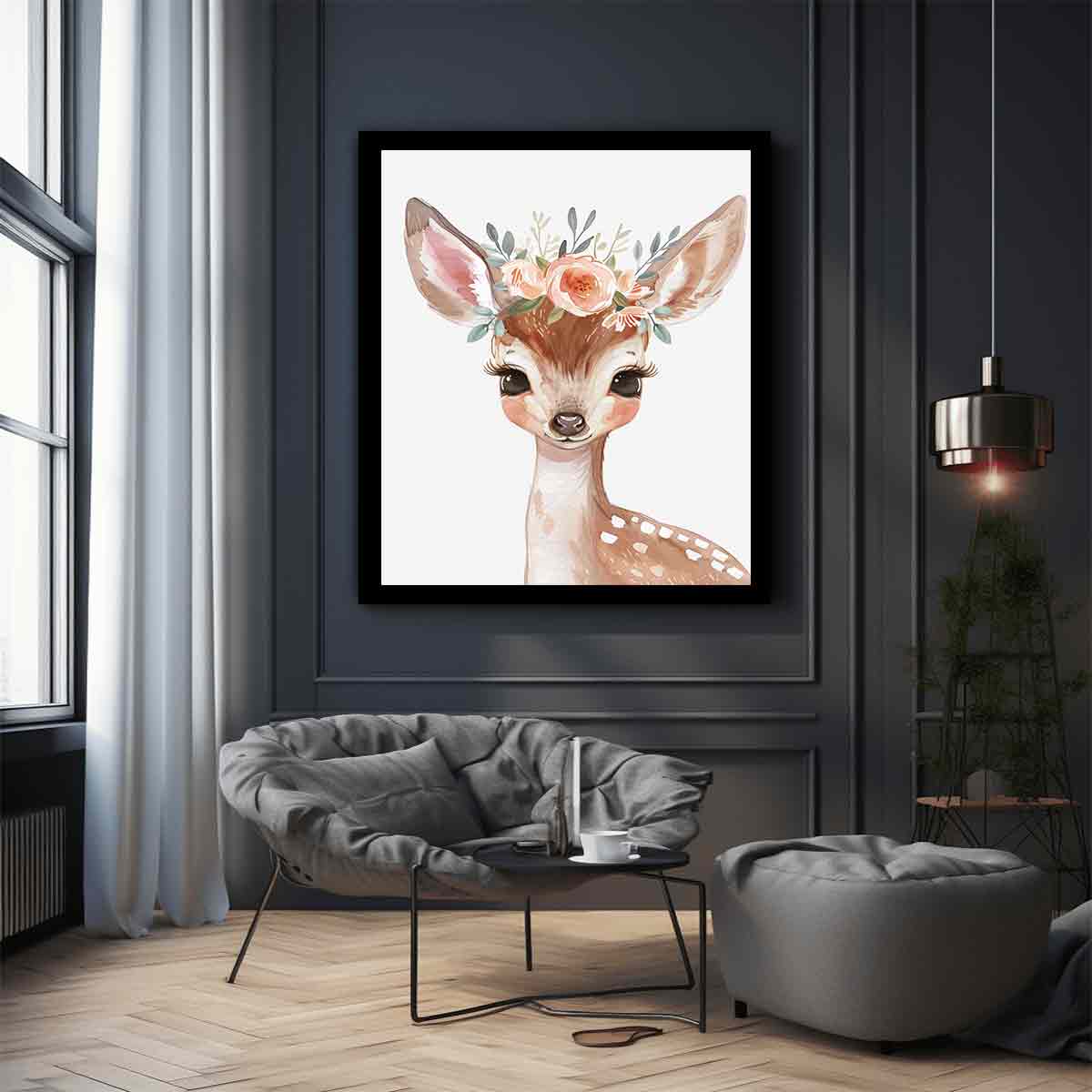 Floral baby deer watercolor canvas art for nursery or girls bedroom decor.