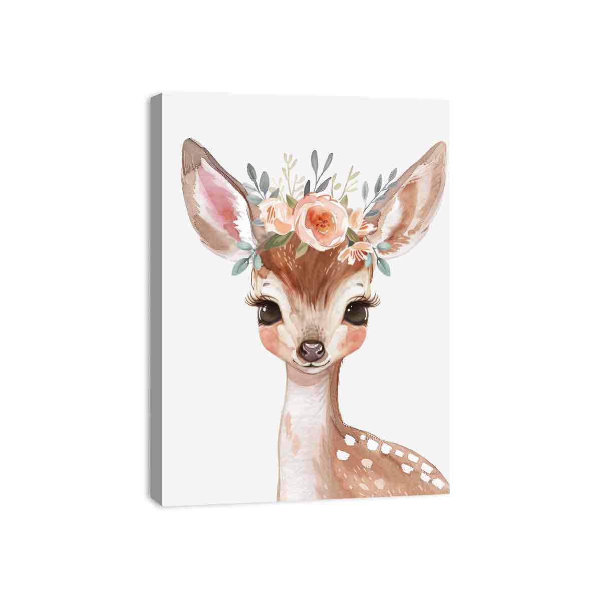 Floral baby deer watercolor canvas art for nursery or girls bedroom decor.