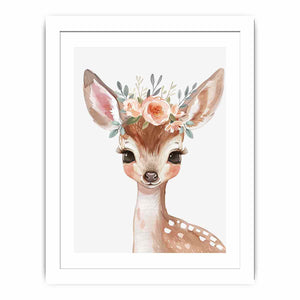 Floral baby deer watercolor canvas art for nursery or girls bedroom decor.