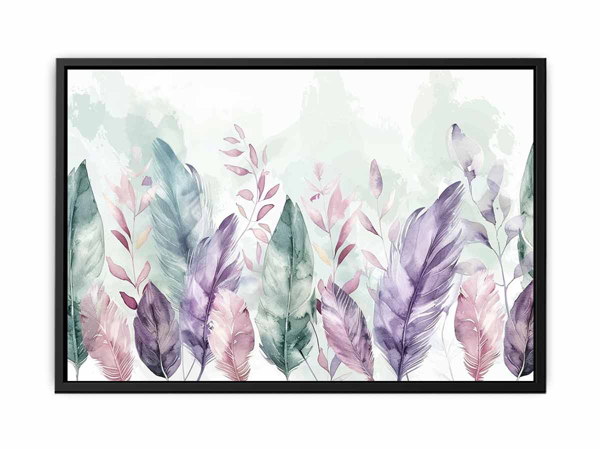 Pastel feather botanical watercolor canvas art for calm bedroom wall decor.