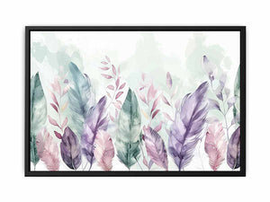 Pastel feather botanical watercolor canvas art for calm bedroom wall decor.
