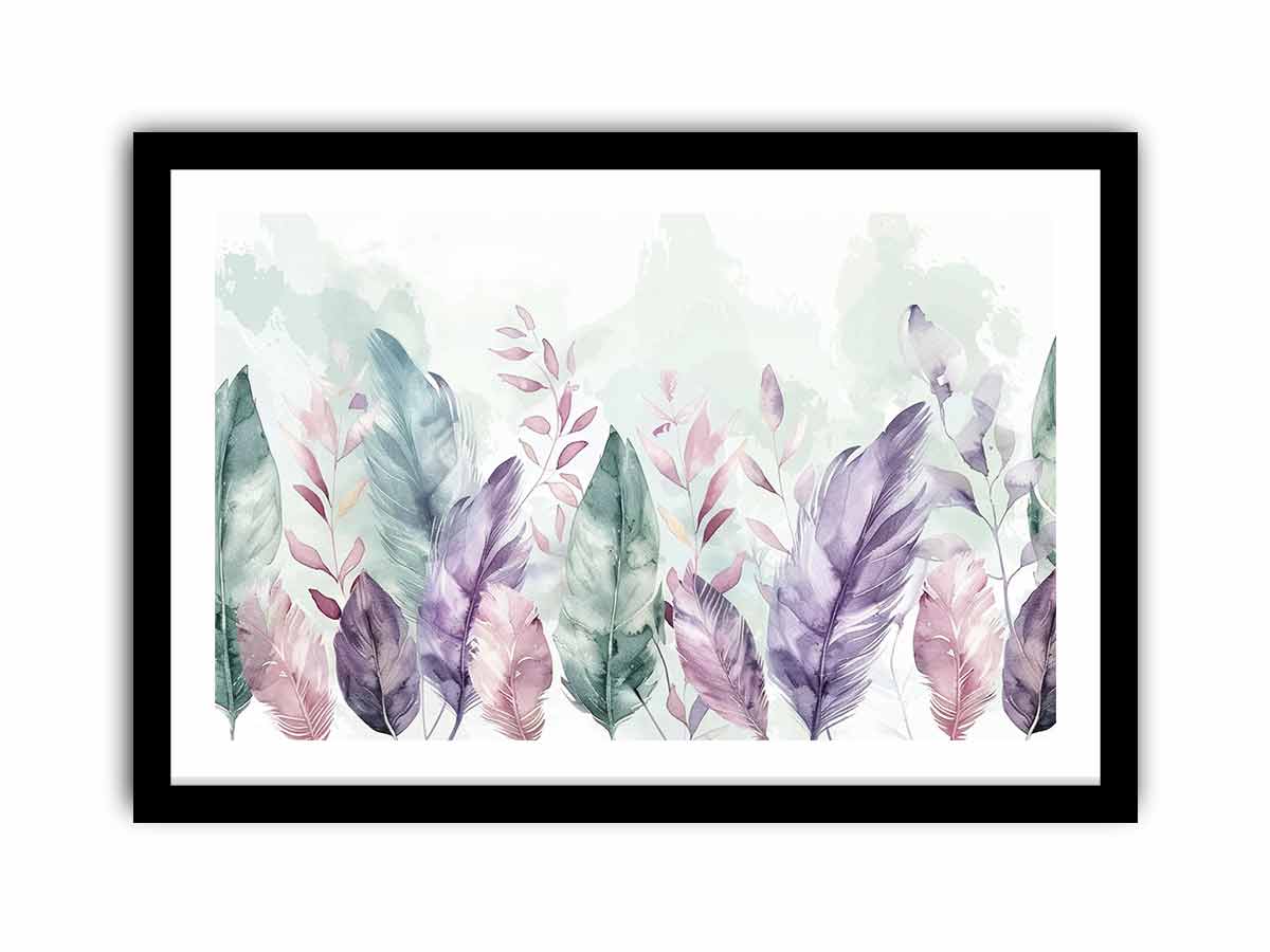 Pastel feather botanical watercolor canvas art for calm bedroom wall decor.