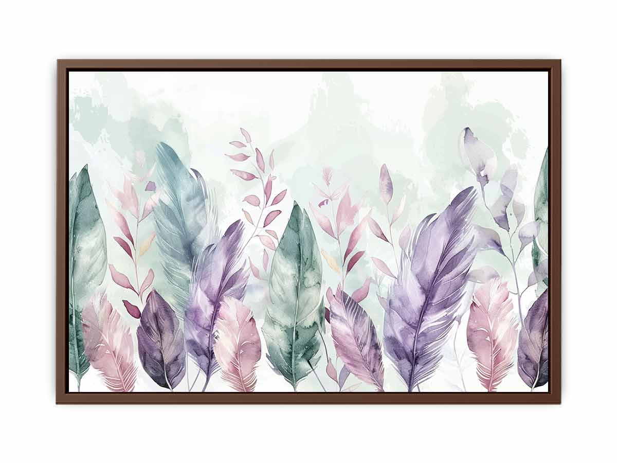 Pastel feather botanical watercolor canvas art for calm bedroom wall decor.