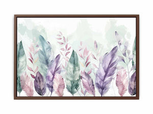 Pastel feather botanical watercolor canvas art for calm bedroom wall decor.