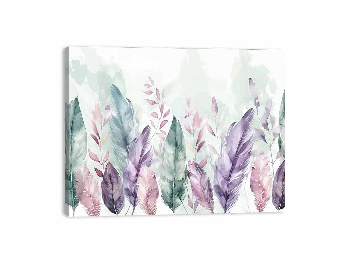 Pastel feather botanical watercolor canvas art for calm bedroom wall decor.