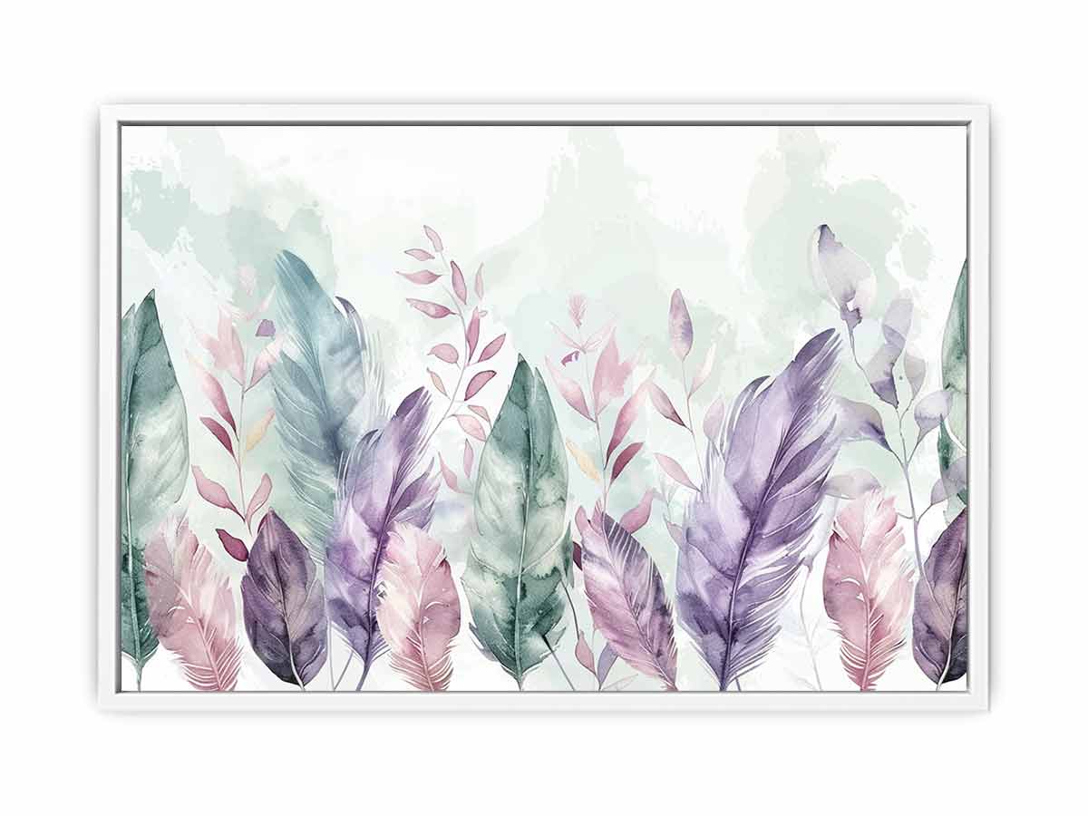 Pastel feather botanical watercolor canvas art for calm bedroom wall decor.