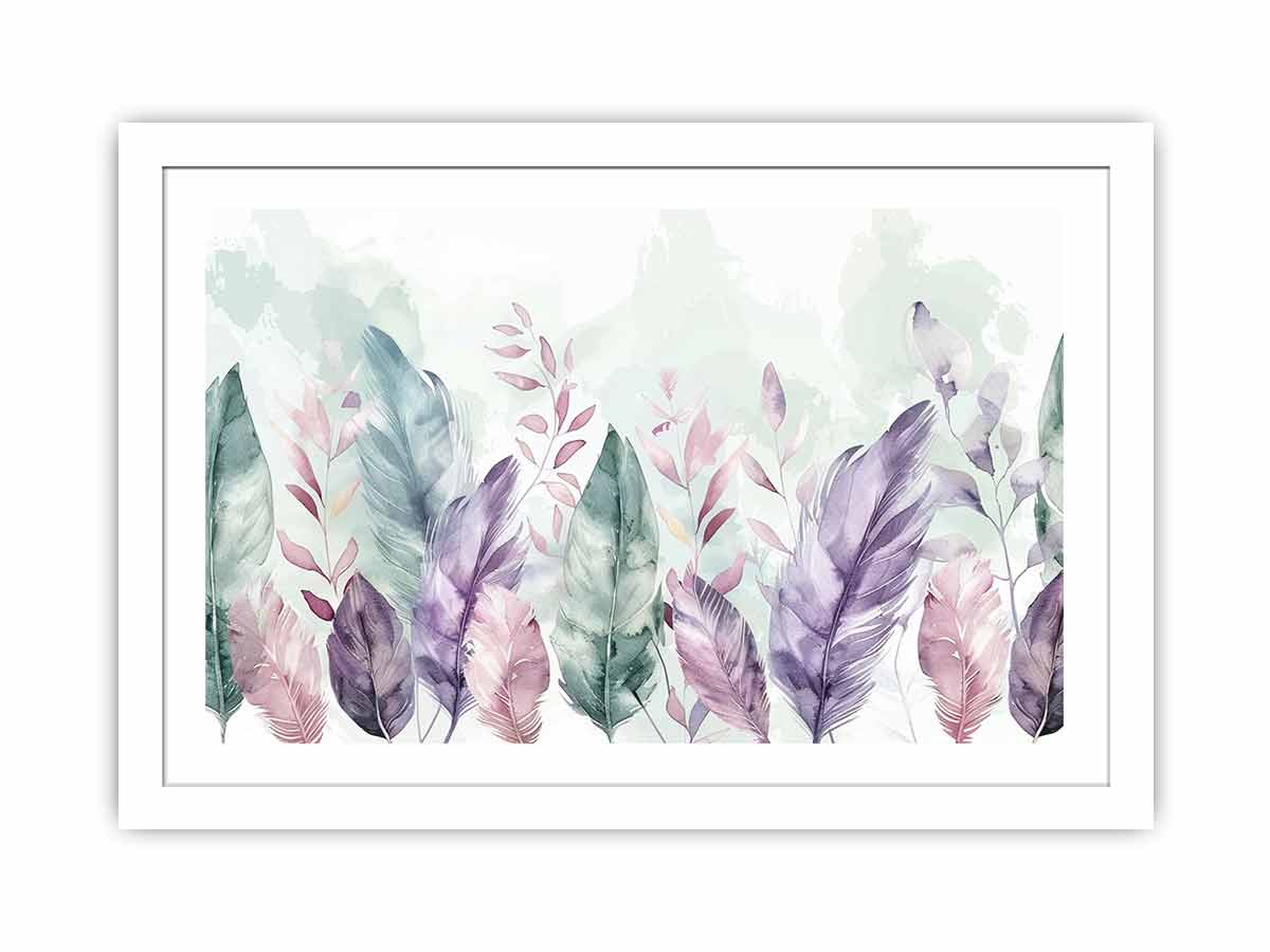Pastel feather botanical watercolor canvas art for calm bedroom wall decor.