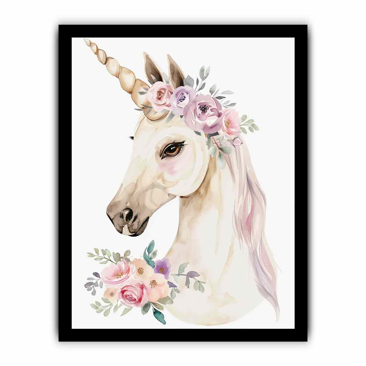 Floral unicorn portrait watercolor canvas art for girls bedroom decor.