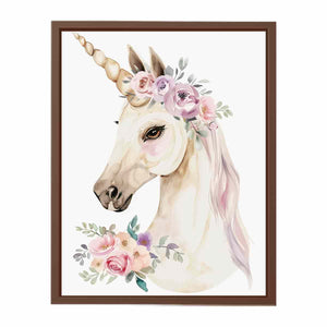 Floral unicorn portrait watercolor canvas art for girls bedroom decor.