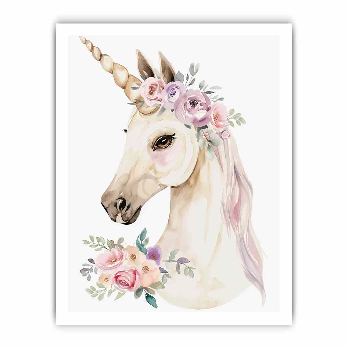 Floral unicorn portrait watercolor canvas art for girls bedroom decor.