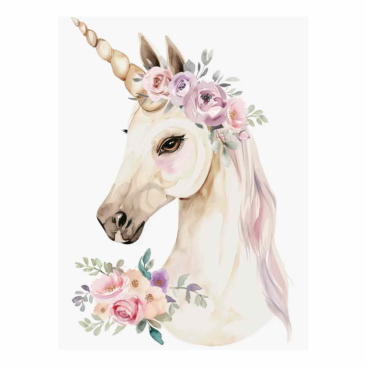 Floral unicorn portrait watercolor canvas art for girls bedroom decor.