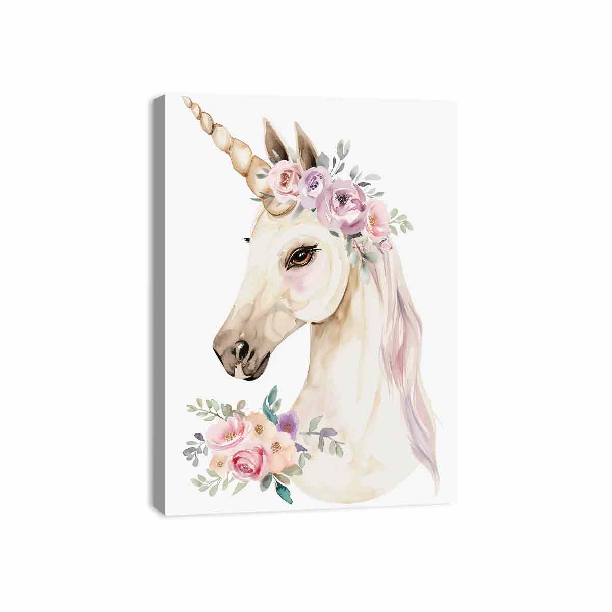 Floral unicorn portrait watercolor canvas art for girls bedroom decor.
