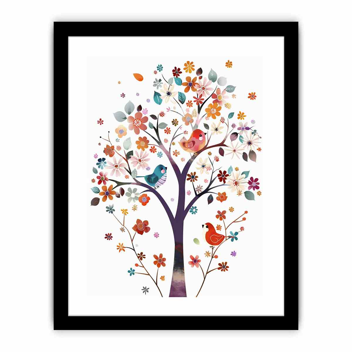 Colorful floral tree with birds canvas art for kids room or nursery decor.