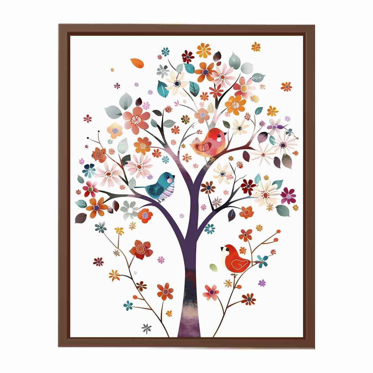 Colorful floral tree with birds canvas art for kids room or nursery decor.