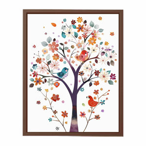 Colorful floral tree with birds canvas art for kids room or nursery decor.