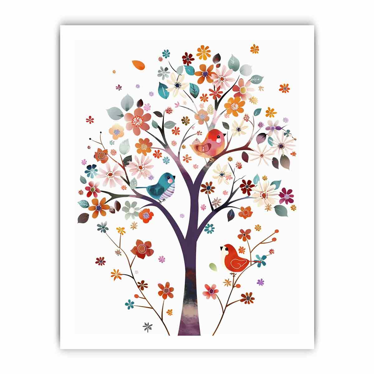 Colorful floral tree with birds canvas art for kids room or nursery decor.