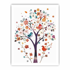Colorful floral tree with birds canvas art for kids room or nursery decor.