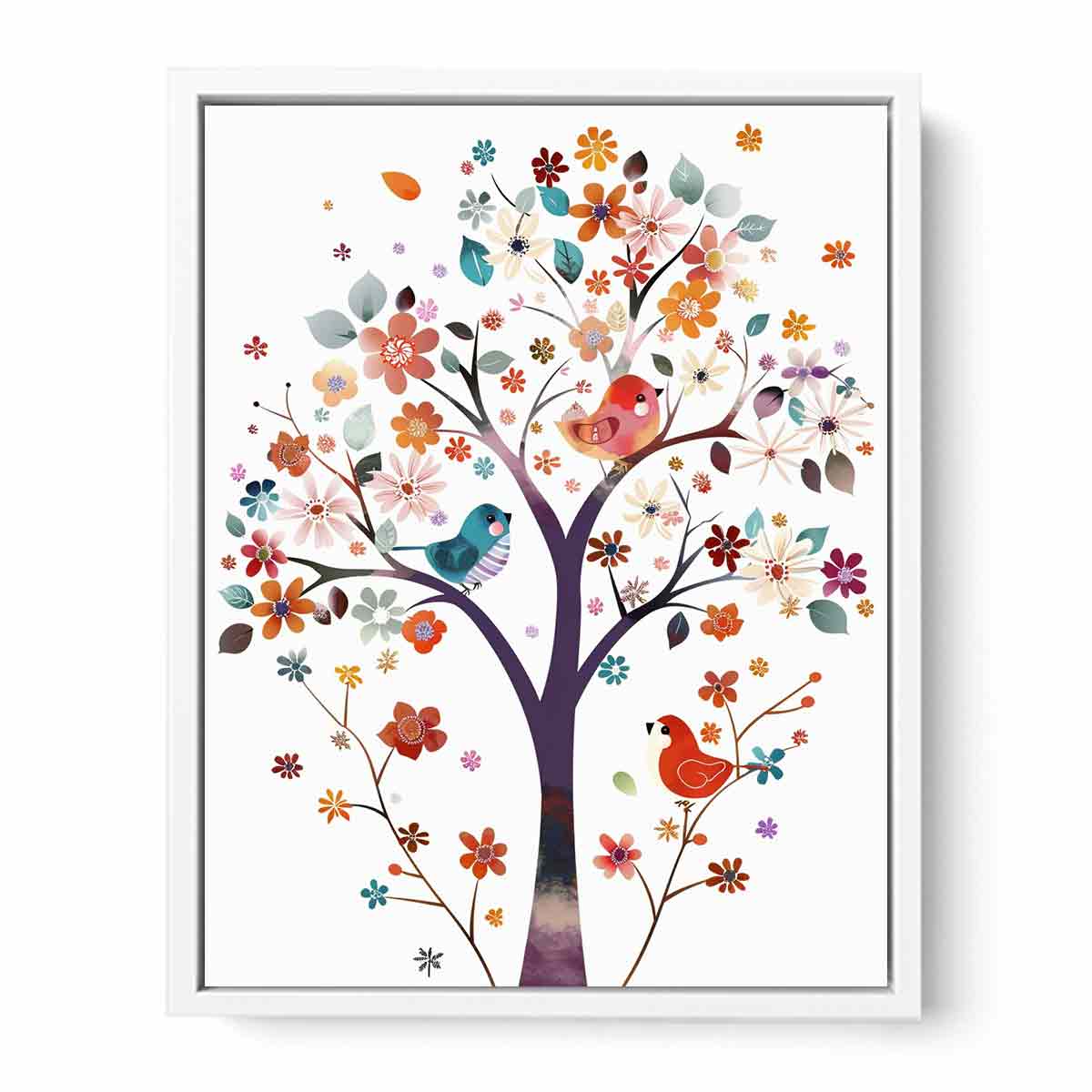 Colorful floral tree with birds canvas art for kids room or nursery decor.