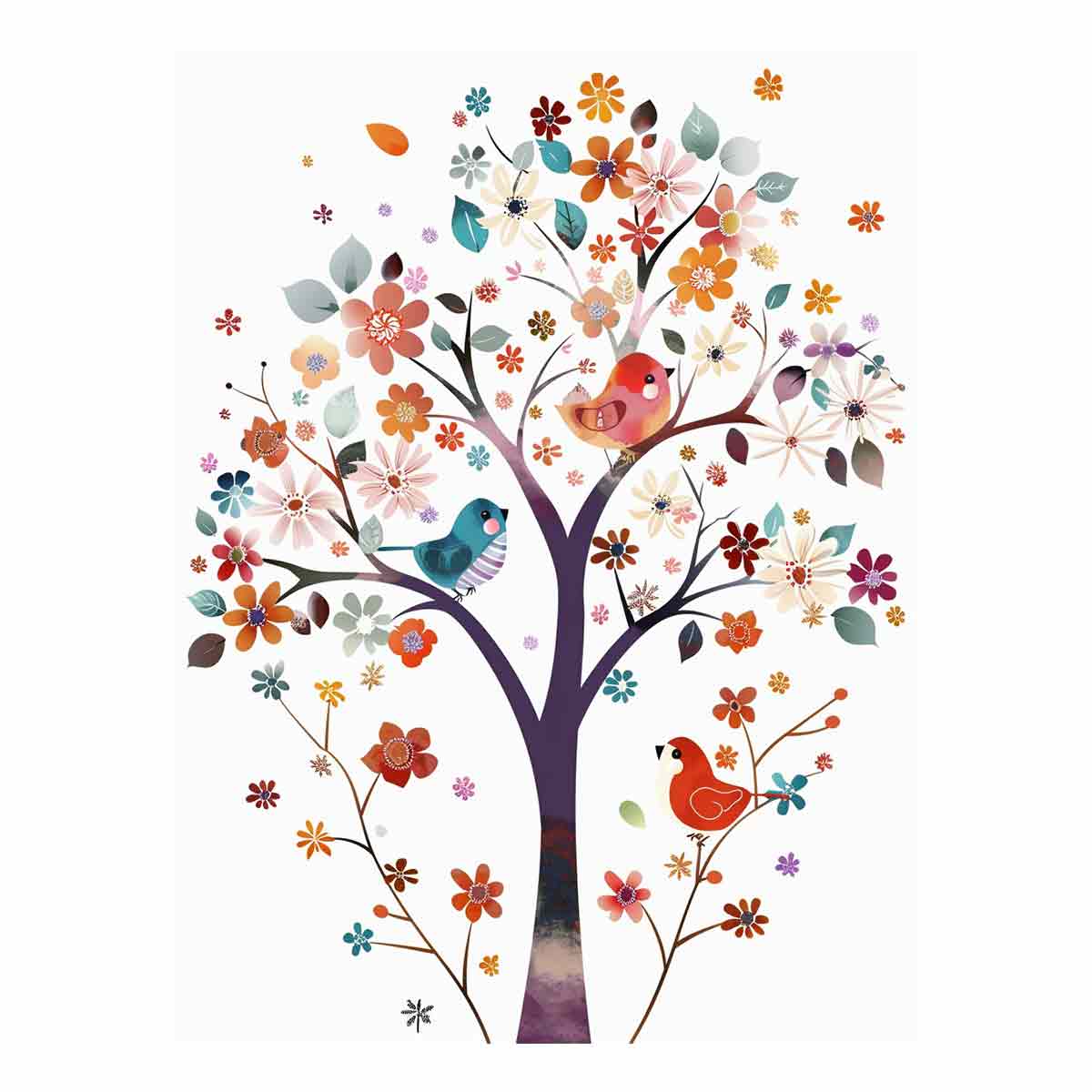 Colorful floral tree with birds canvas art for kids room or nursery decor.