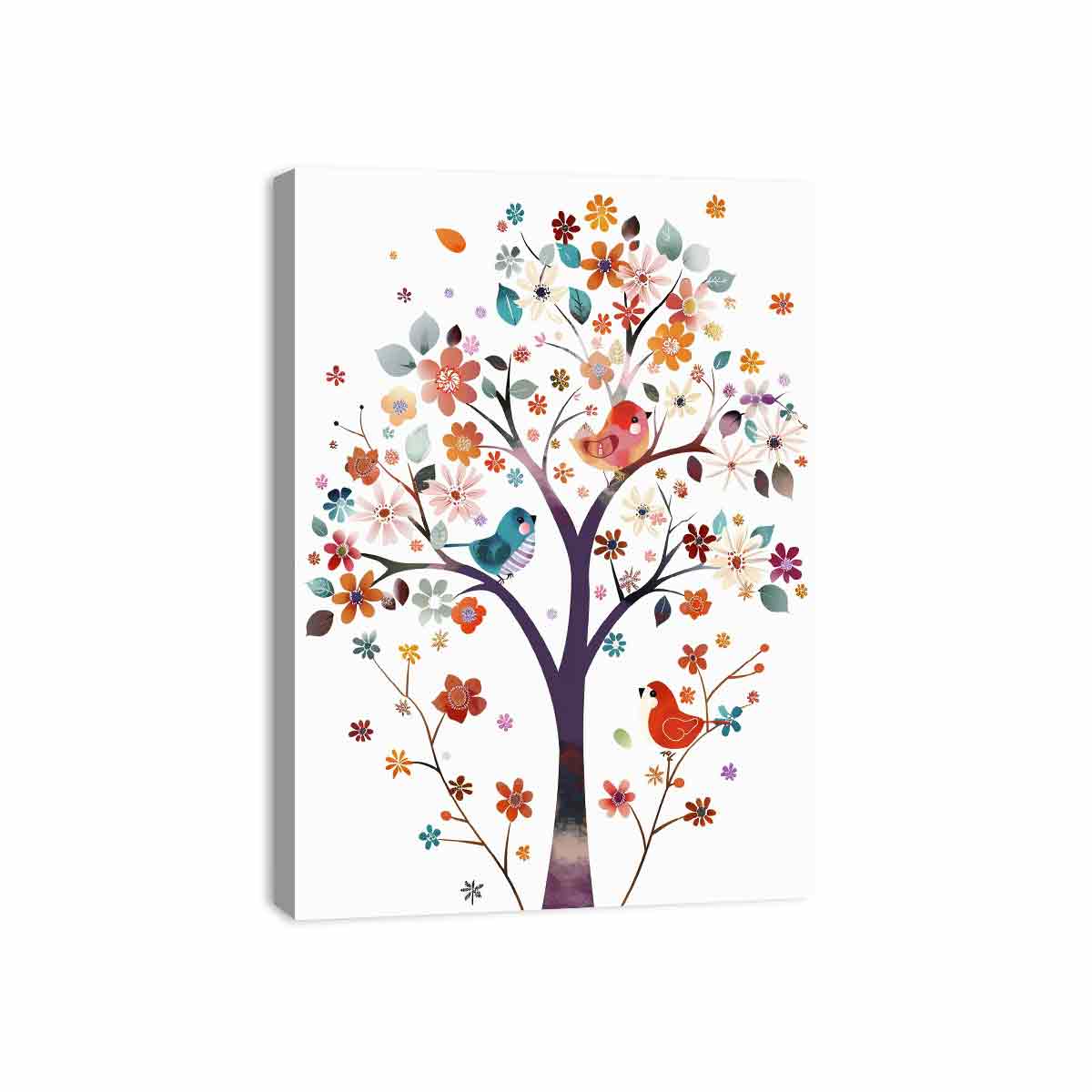 Colorful floral tree with birds canvas art for kids room or nursery decor.