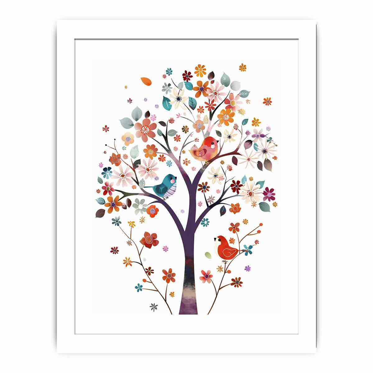 Colorful floral tree with birds canvas art for kids room or nursery decor.