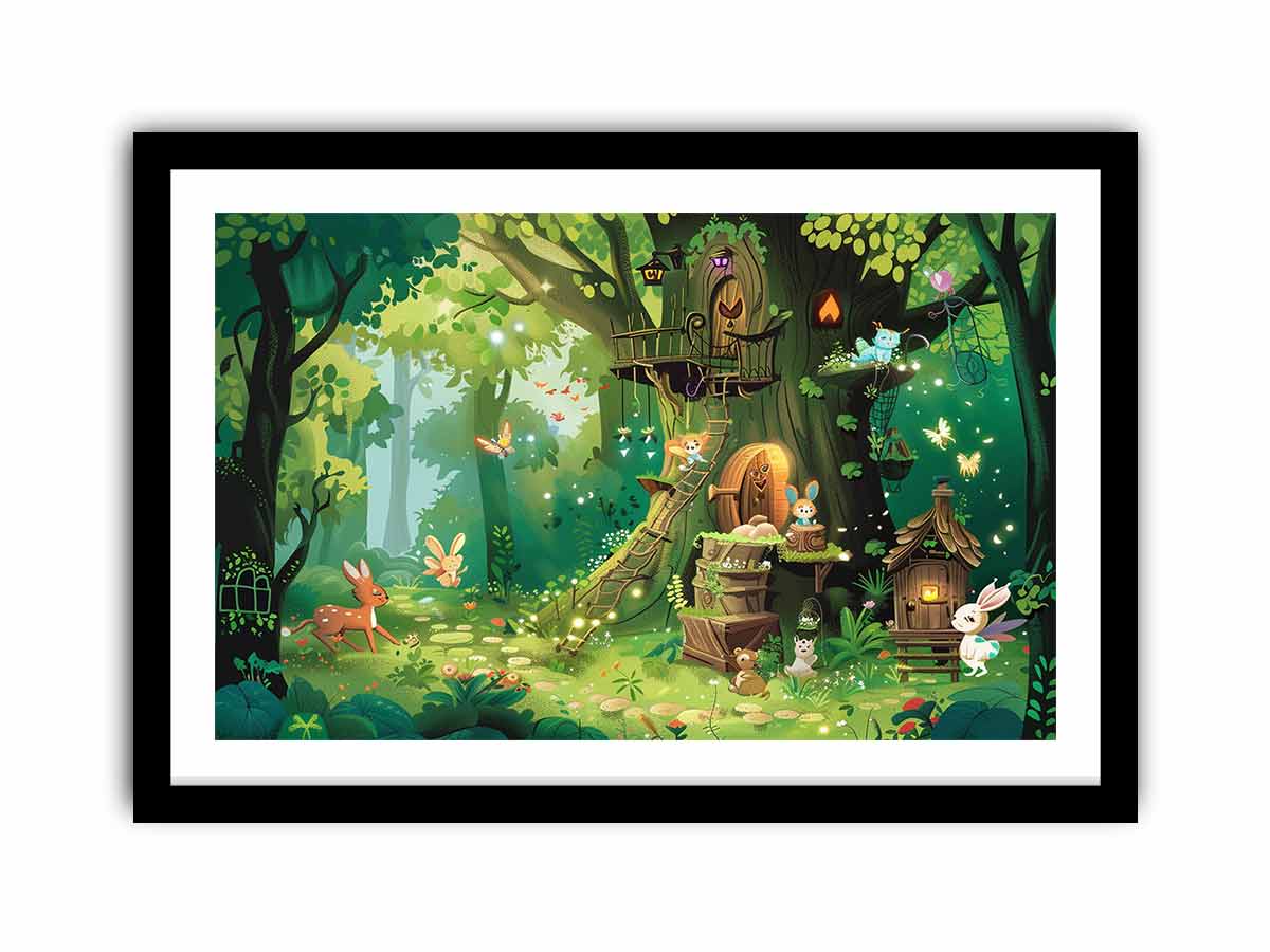 Enchanted forest treehouse canvas art for kids bedroom and playroom decor.