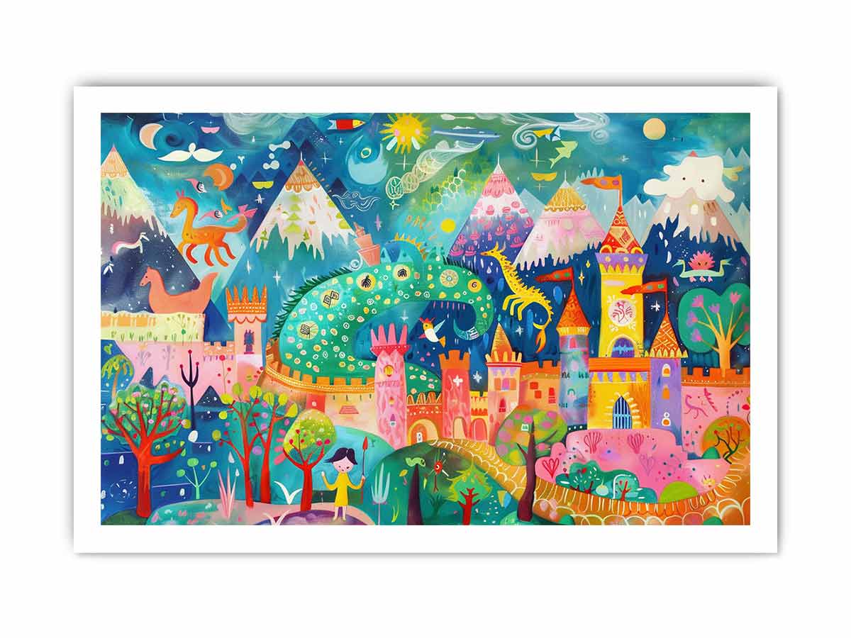 Colorful dragon castle fantasy canvas art for kids room wall decor.