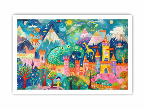 Colorful dragon castle fantasy canvas art for kids room wall decor.