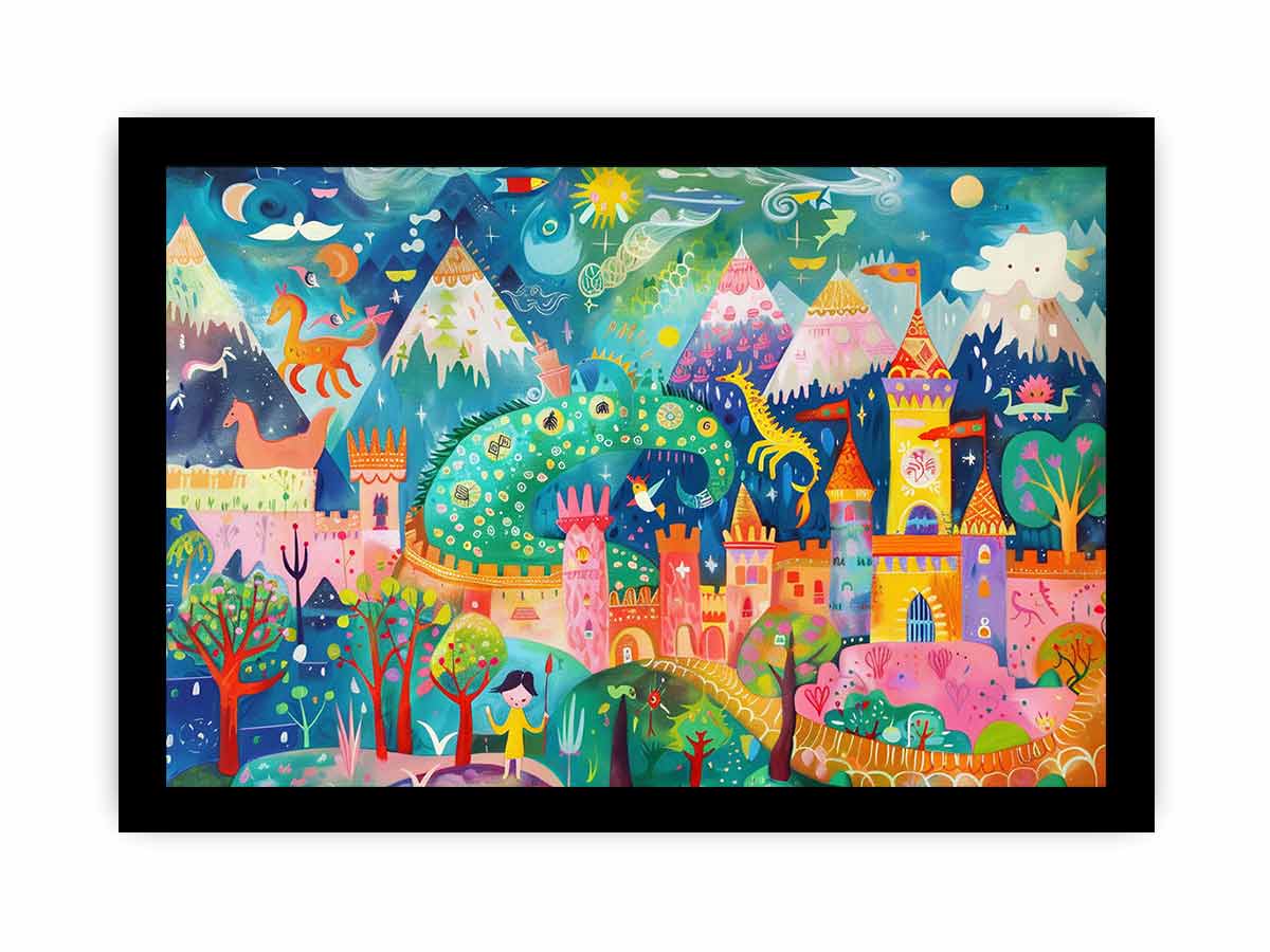 Colorful dragon castle fantasy canvas art for kids room wall decor.