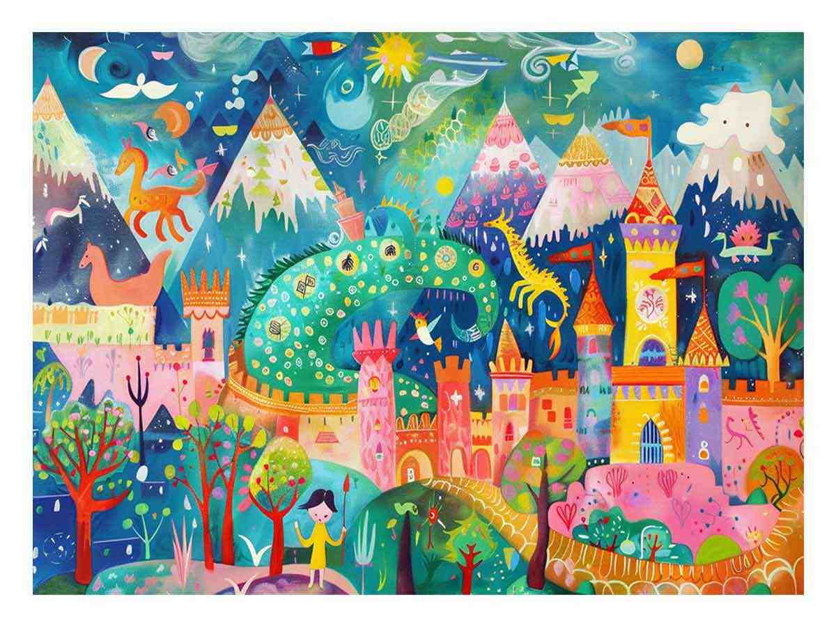 Colorful dragon castle fantasy canvas art for kids room wall decor.