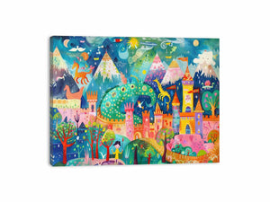 Colorful dragon castle fantasy canvas art for kids room wall decor.