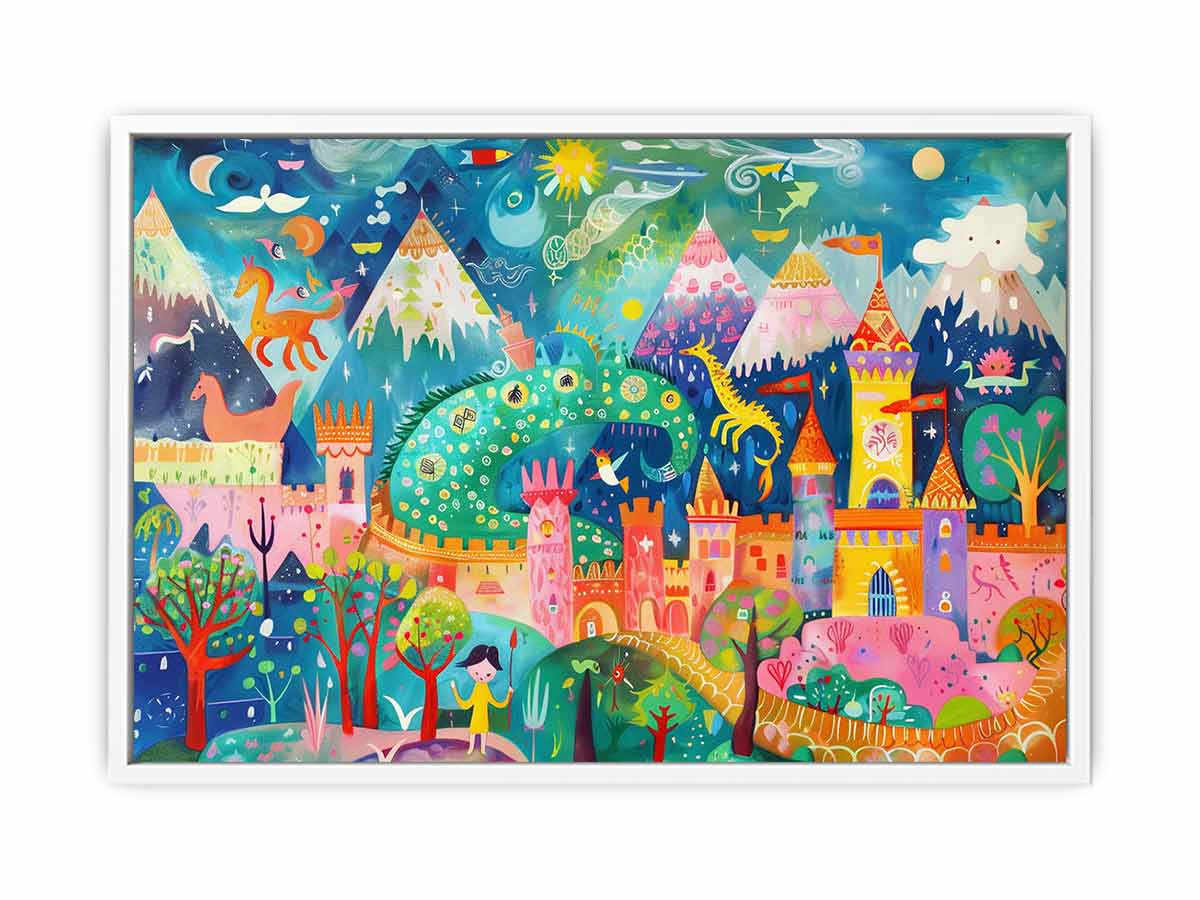 Colorful dragon castle fantasy canvas art for kids room wall decor.