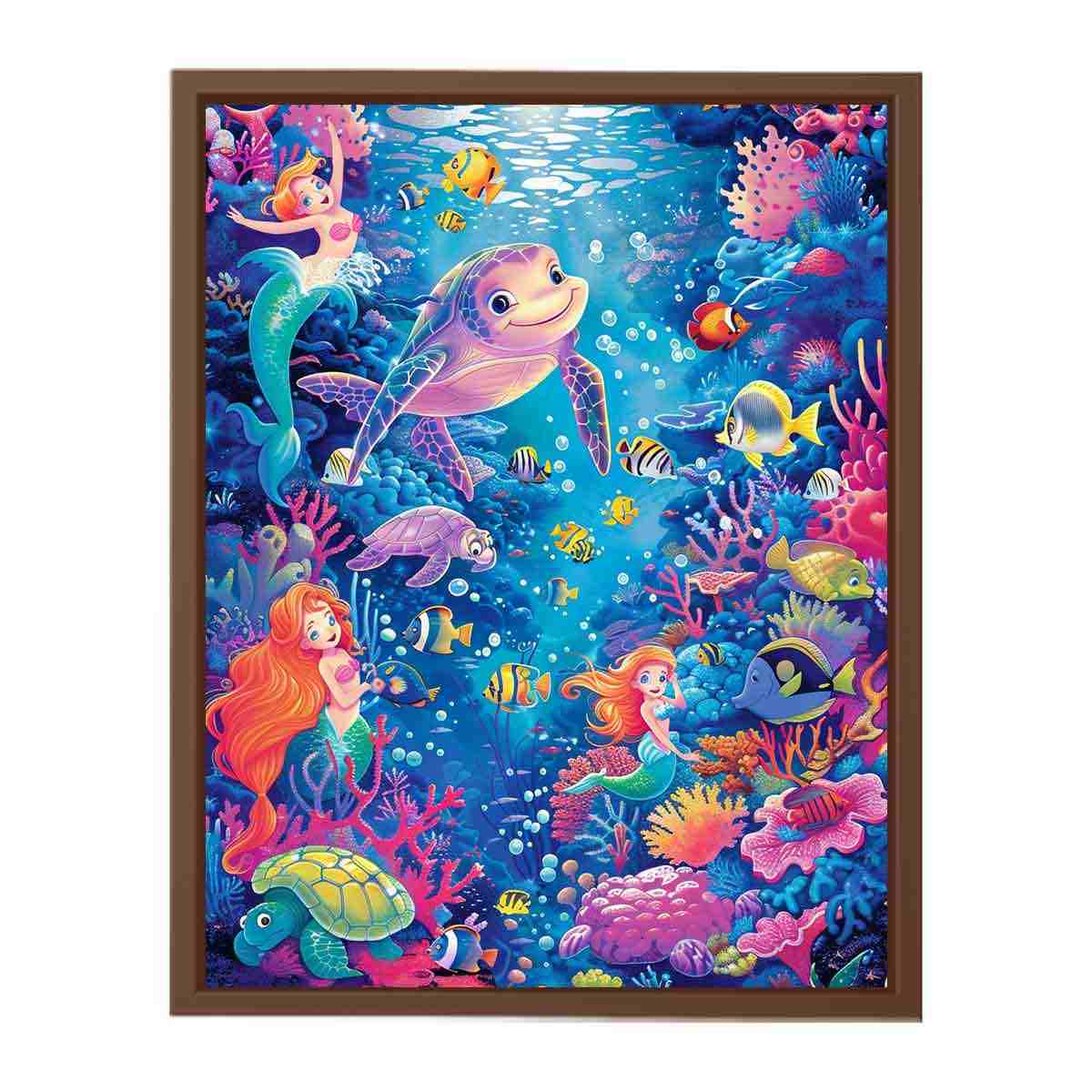 Mermaid and sea turtle underwater canvas art for girls bedroom decor.